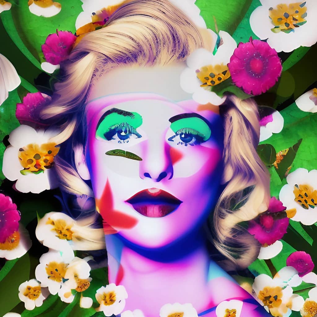 A digital photographic art piece of Lullabelle Horn, contemporary vulva artist. She is painted as clown in the middle of a a surreal flower garden.