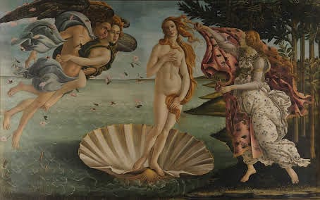 The Birth of Venus by renaissance painter Botticelli is a large scale oil on canvas depicting the Goddess of Love's birth in sea by Cyprus as told by mythology.