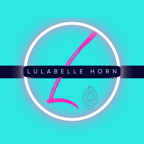 contemporary artist Lulabelle Horn's logo is in bright turquoise with an L in hot pink. across the middle is a black border with her name. A vulva symbol is inside a neon circle around the logo.
