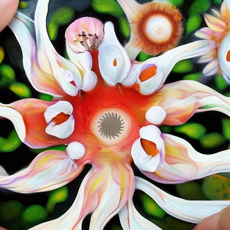 A vulva painting by Lulabelle Horn of a close up flower in soft pink white and green