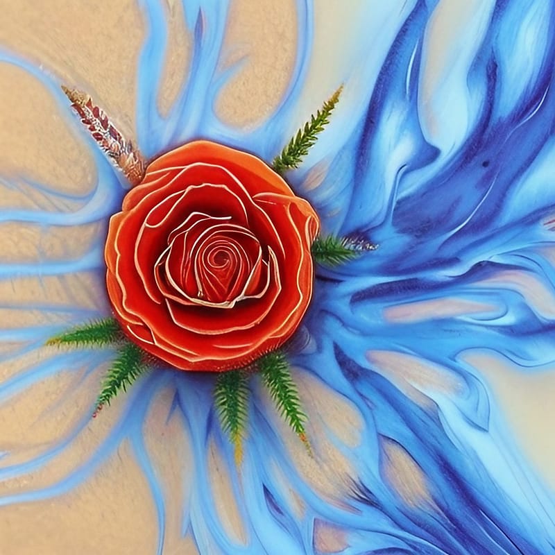 A painting of a red rose on a sandy background with splashes of blue symbolising the vulva.