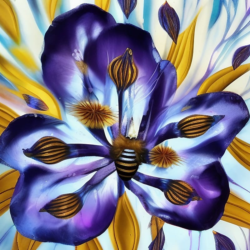 A contemporary abstract vulva painting of a close up flower being pollinated by a queen bee.