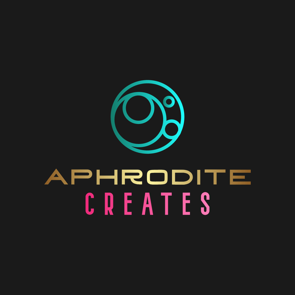 The logo of Aphrodite Creates an Ultra Contemporary art brand—a dark grey background with a sea crest circular symbol in turquoise of the creative love goddess. Aphrodite is spelled in shimmering gold and written in hot pink.